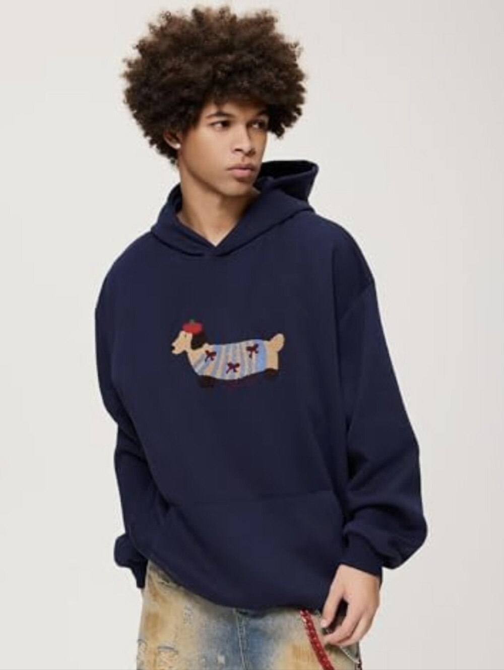 Aelfric Eden Cartoon French Dachshund Oversized Hoodie Size Medium Navy Blue EUC